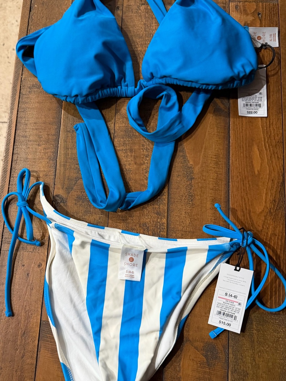 Shade & Shore Blue Triangle Bikini with White & Blue Striped Bottoms